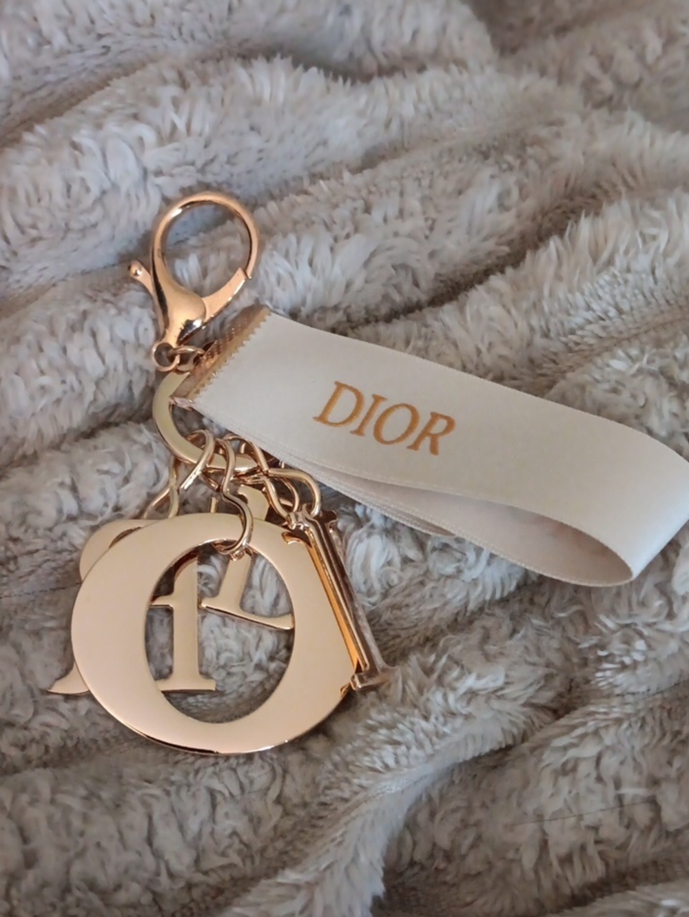 DIOR Gold Tone Logo Letter Charm Keychain Bag Charm Wristlet Strap NIP NIB